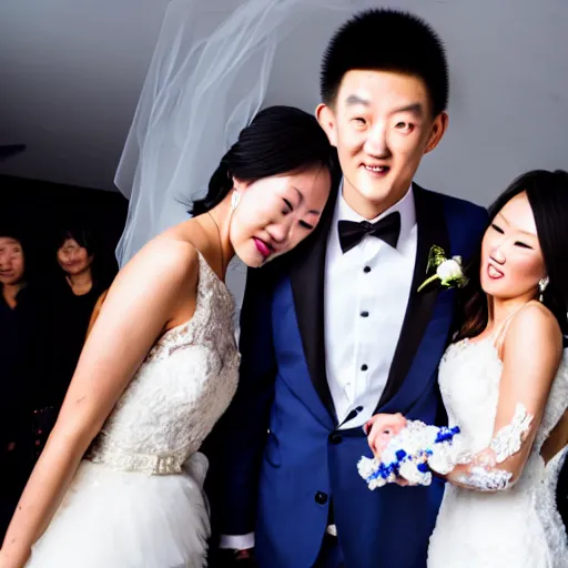 Prompt: cookie monster marrying justin sun, professional wedding photography