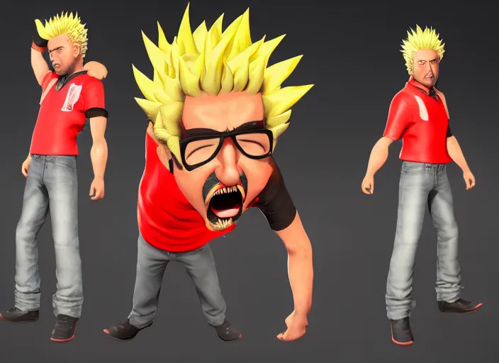 Image similar to 3 d model of guy fieri character in fighting game, stylized 3 d graphics, hdr, ultra graphics, ray tracing, 4 k image