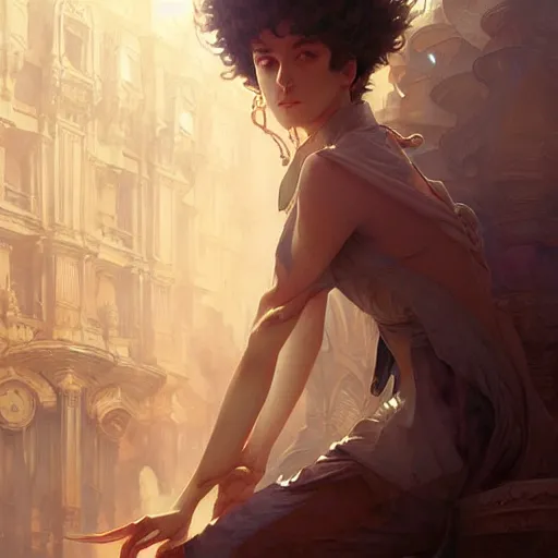 Prompt: Spike Spiegel, fantasy, intricate, elegant, highly detailed, digital painting, artstation, concept art, matte, sharp focus, illustration, art by Artgerm and Greg Rutkowski and Alphonse Mucha