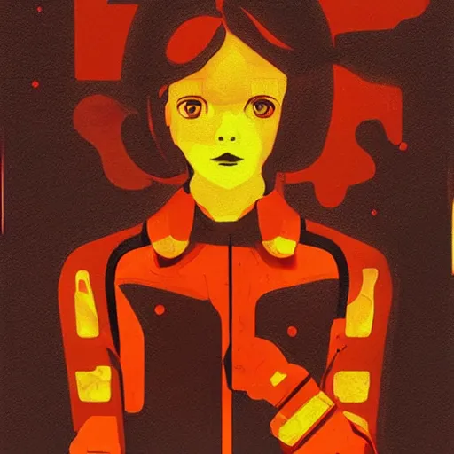 Prompt: Elle Fanning in Fallout 3 and Prey surrounded by glowing orange radiation picture by Sachin Teng, asymmetrical, dark vibes, Realistic Painting , Organic painting, Matte Painting, geometric shapes, hard edges, graffiti, street art:2 by Sachin Teng:4