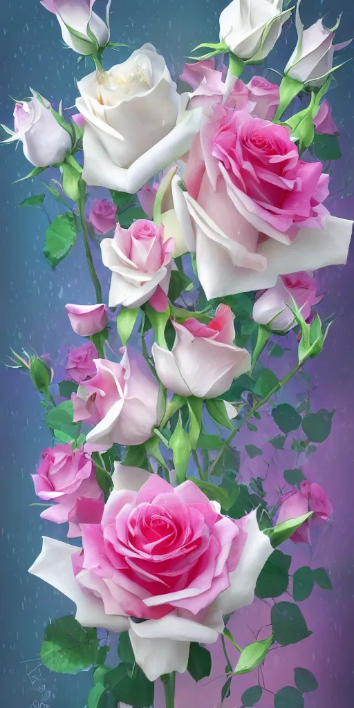 Image similar to magic invisible blade slicing through a bouquet of white and pink roses, flowers exploding and spraying, big puffy clouds, sharp rain, large rose petals, lotus petals, large polygonal background elements, large polygons, dramatic anime, dramatic lighting, artgerm, manga, trending on artstation, art nouveau, mature colors