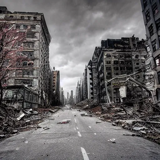 Prompt: new york abandoned, post apocalyptic, damage road