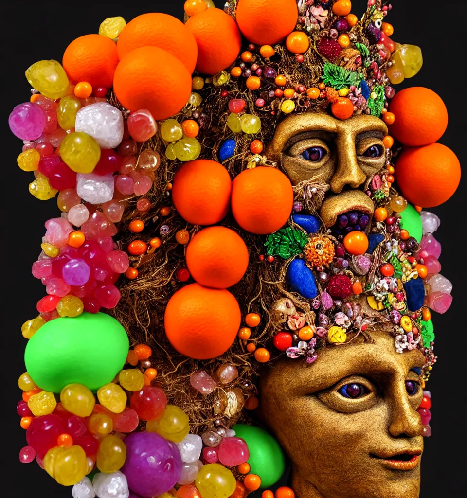 Prompt: headshot of a trickster nature spirit, head made of fruit gems and flowers in the style of arcimboldo, fragonard, photorealistic, dynamic lighting, action figure, clay sculpture, claymation, dull orange streaked background