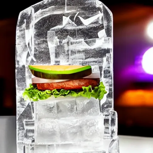 Image similar to a clear ice sculpture of a burger, 4 k