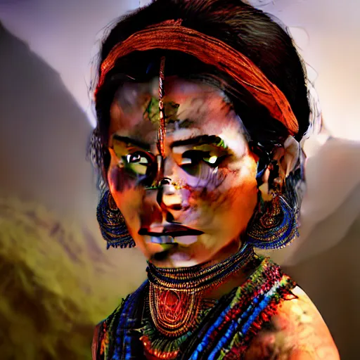 Image similar to portrait of a stunningly beautiful and alluring nepalese tribal female, depth of field, zeiss lens, detailed, symmetrical, centered, fashion photoshoot, by annie leibovitz and steve mccurry, david lazar, jimmy nelsson, breathtaking, 8 k resolution, extremely detailed, beautiful, establishing shot, artistic, hyperrealistic, beautiful face, octane render