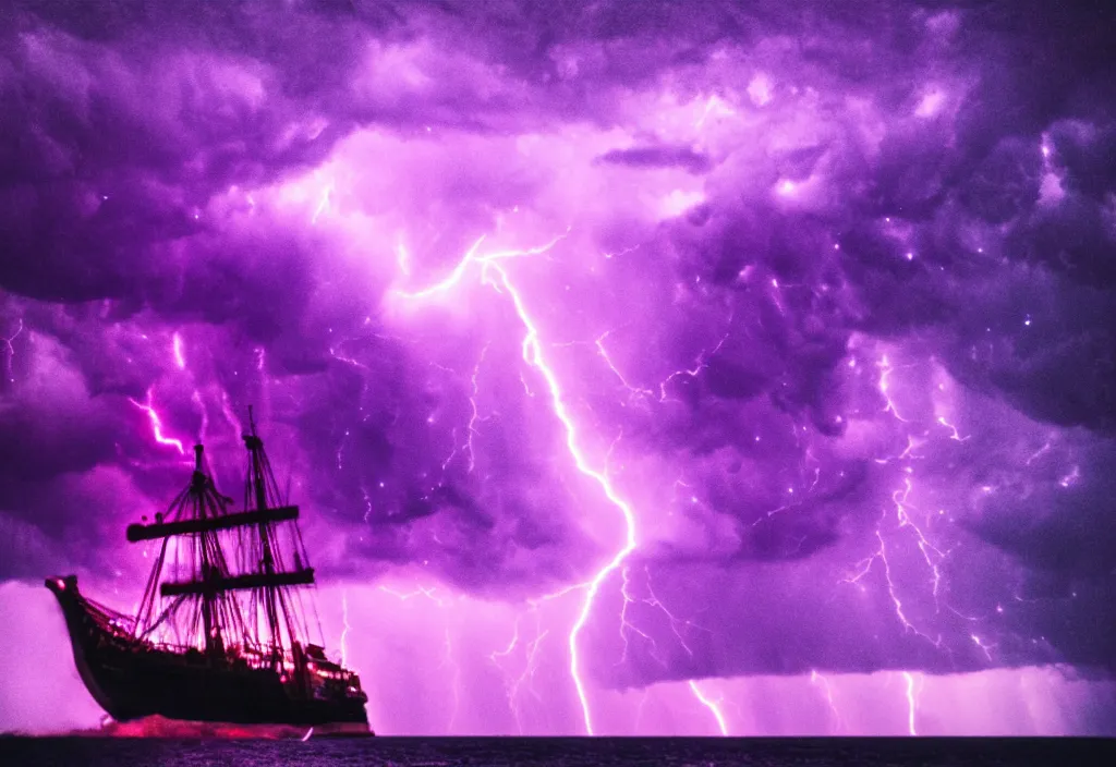 Image similar to purple color lighting storm with stormy sea, pirate ship firing its cannons real life trippy nebula sky 50mm shot fear and loathing movie