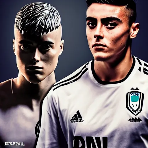 Image similar to a realistic detailed photo of a guy who is an attractive humanoid who is half robot and half humanoid, who is a male android, soccer player paulo dybala, shiny skin, posing like a statue, blank stare, in a living room, on display, showing off his muscles, with a twin