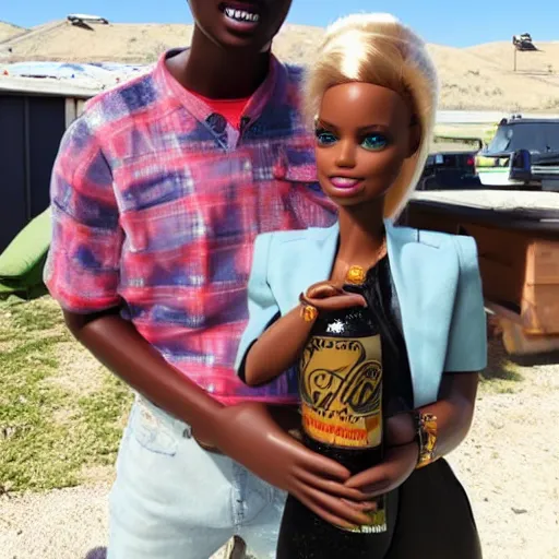 Prompt: a bruised Barbie doll with a black eye standing next to Ken doll holding a beer