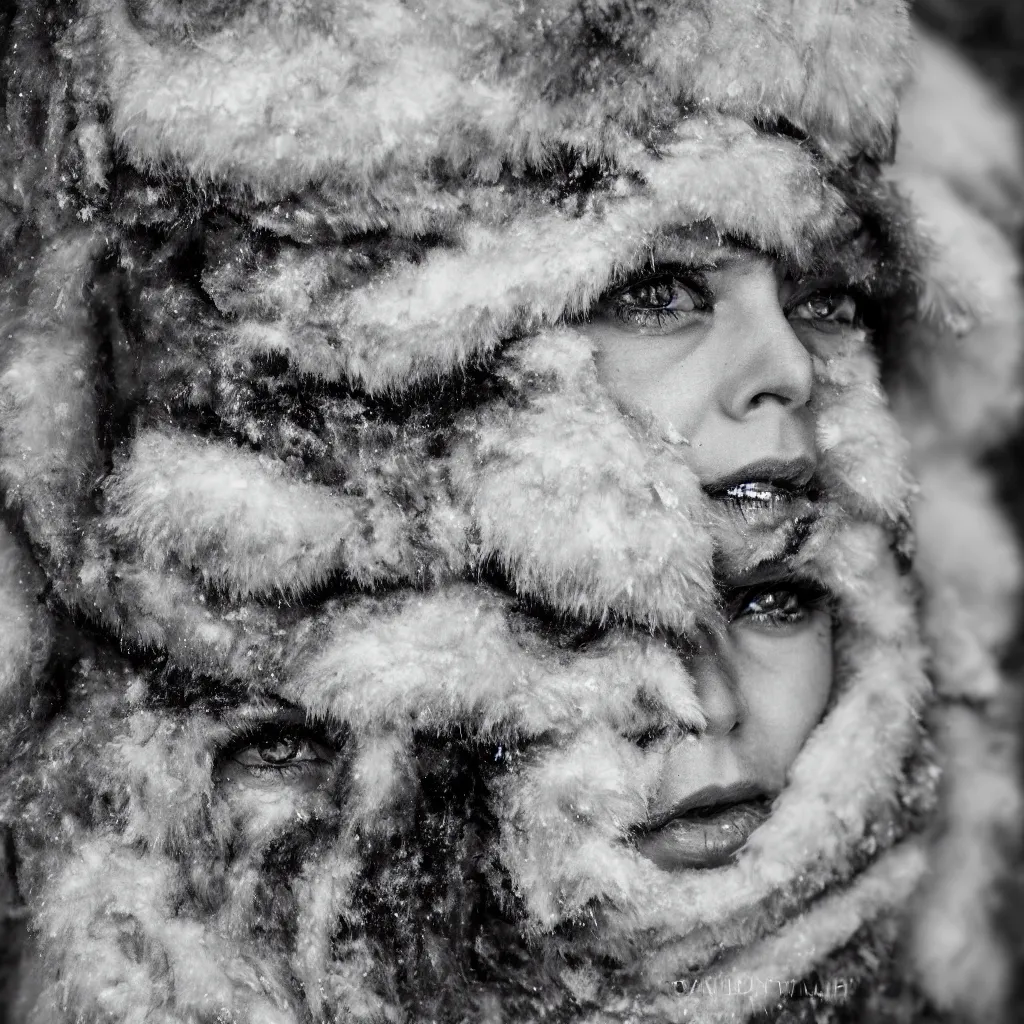 Image similar to highly detailed portrait photography gaze of a mad face, wearing a fine velvet silk face cover, in winter, 105mm f2.8 at the north pole