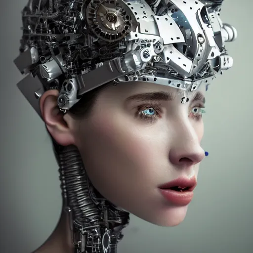 Image similar to beautiful Fine art photo portrait of enraptured Sarah Mcdaniel as a solarpunk robotic goddess, white mechanical parts with led lights, photorealistic, white background, highly detailed and intricate, studio lighting, HDR 8k