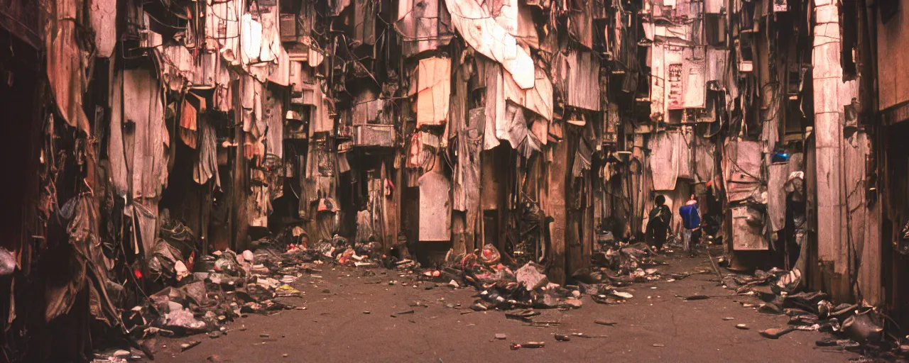 Image similar to dynamic pov 28mm lens view, running through a crowded narrow alley in kowloon walled city, dirty, fluorescent lights, evening, tungstem color balance, cinestill, street photography