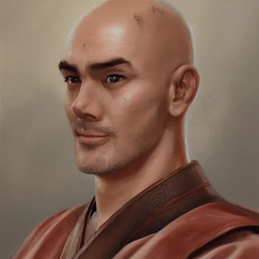 Prompt: a head - on detailed oil portrait of a round - faced bald male martial artist with a friendly smile, by charlie bowater, lise deharme, wlop, trending on artstation, dungeon and dragons art, critical role