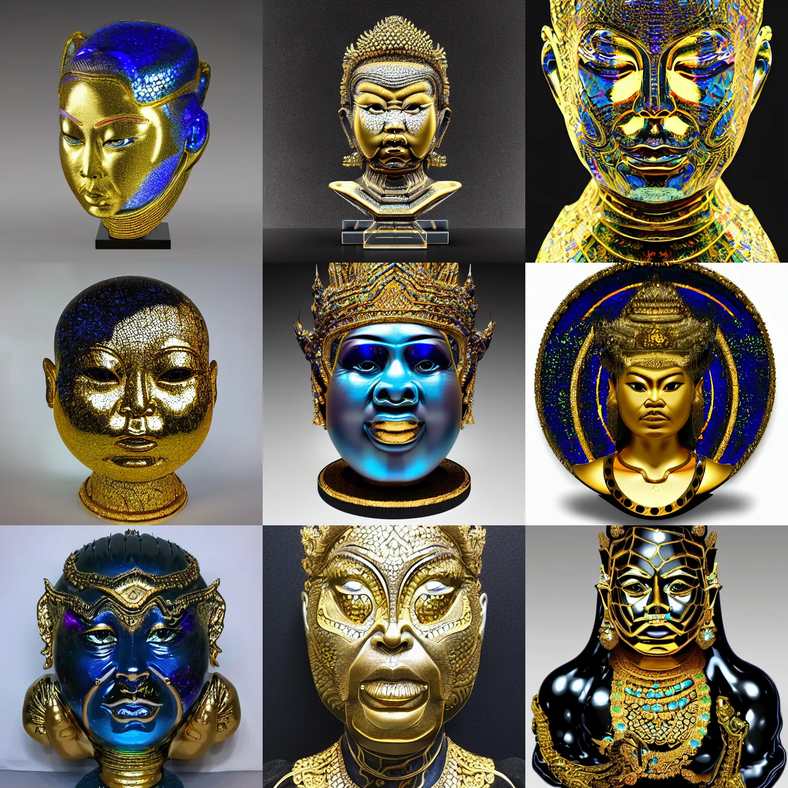 Prompt: intricate holographic realistic sculpture of futuristic digital chubby angry thai empress, stone and glass and gold, high contrast, blue and black, masterpiece