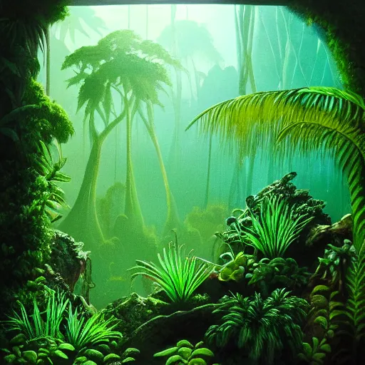 Prompt: « detailed, jungle with low luminosity, far view, luminescent plants »