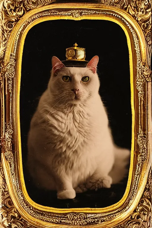 Image similar to a magnificent tintype portrait of a fluffy fat cat on an embroidered velvet cushion on a neo - rococo gilded little bed with precious stones, ball of yarns all around, by david lachapelle, photorealistic, photography, wide shot, silly looking