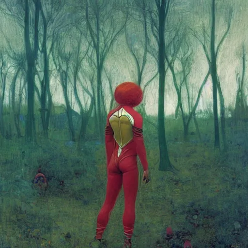 Prompt: beautiful woman with red hair in spacesuit, lost in the martianMartian forest at dusk, by Edgar Maxence and Ross Tran and Michael Whelan and Gustav Klimpt