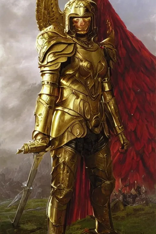 Image similar to a beautiful valkyrie , half body portrait, ginger hair, heavy gold armour, realistic oil painting by Thomas Cole and Wayne Barlowe and Boris Valejo