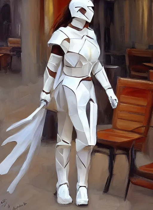 Image similar to stunning woman in a coffee shop wearing low poly, glossy white armor, by mark arian