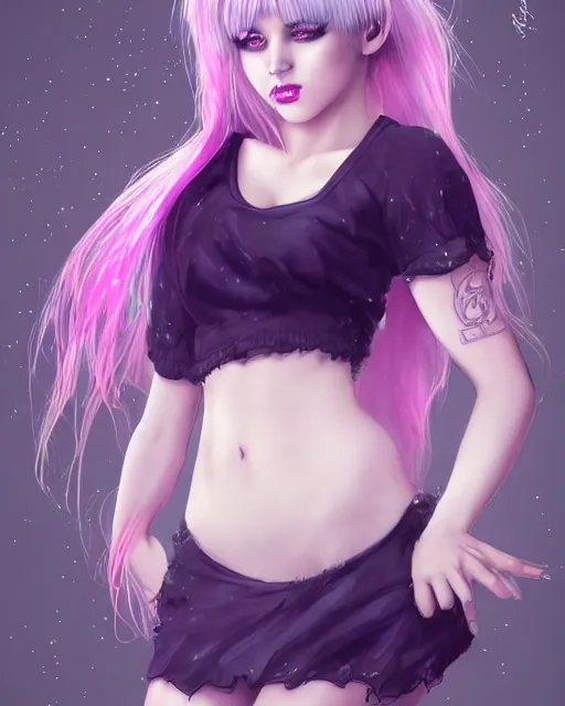 Prompt: kerli koiv animel goth girl with purple hair in mini skirt and crop top intricate, full body, extremely detailed, artstation, 8 k, sensual lighting, incredible art, wlop, artgerm