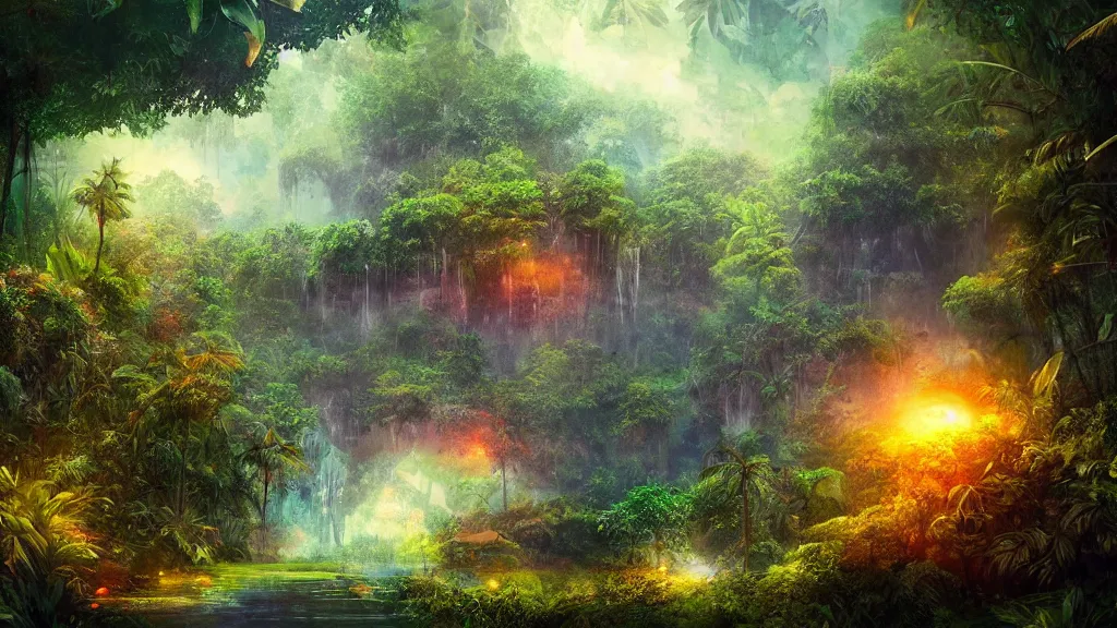 Prompt: Beautiful Thunderstorm in the jungle” Beautiful Dreamscape, Digital art, concept art, detailed, lovely colors, Art station,3-D 4K, beautiful background, matte painting, ,