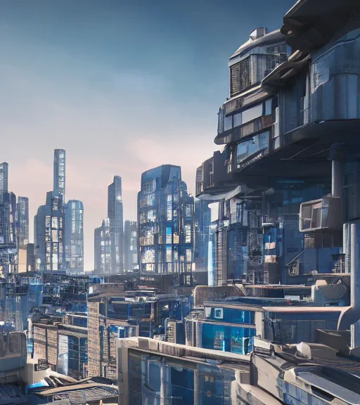 Image similar to sci - fi city rooftop view, blue sky, highly detailed, beautiful light and sunset, realistic, octane render