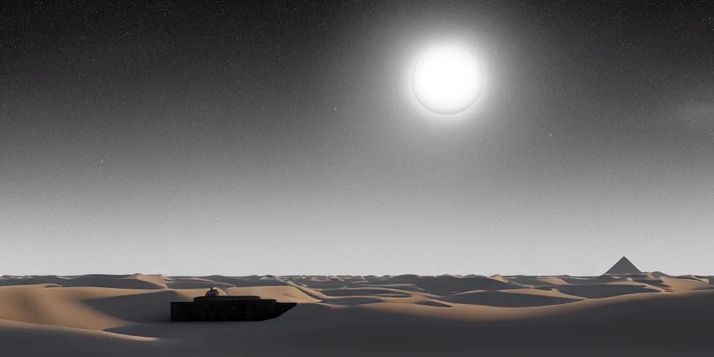 Image similar to a wide desertic landscape with ancient egyptian temple buried in the sun. under a white sky with black stars. a monstrous sphynx between the dunes on gje horizon. photorealistic. artstation. hd.