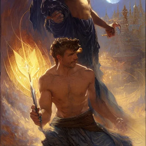 Image similar to attractive male deity casts light spell, summons attractive male lucifer morningstar. highly detailed painting by gaston bussiere, craig mullins, j. c. leyendecker 8 k