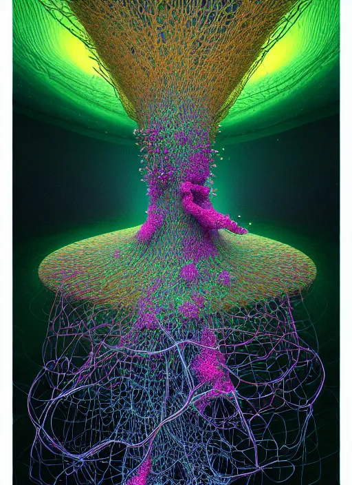 Image similar to hyper detailed 3d render like a digital Oil painting - Aurora (Singer) seen Eating of the Strangling network of yellowcake aerochrome and milky Fruit and Her delicate Hands hold of gossamer polyp blossoms bring iridescent fungal flowers whose spores black out the foolish stars by Jacek Yerka, Mariusz Lewandowski, Houdini algorithmic generative render, Abstract brush strokes, Masterpiece, Edward Hopper and James Gilleard, Zdzislaw Beksinski, Mark Ryden, Wolfgang Lettl, hints of Yayoi Kasuma, octane render, 8k