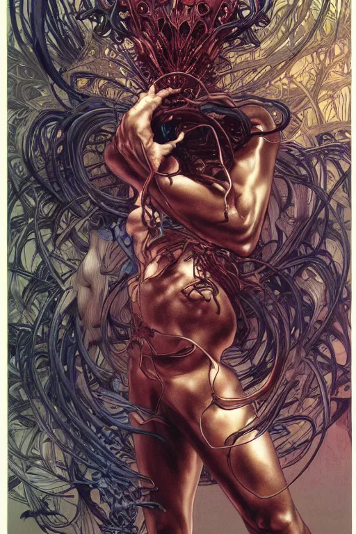 Image similar to rage, by artgerm and yoshitaka amano and moebius and hr giger and zdislaw beksinski and hajime sorayama and alphonse mucha