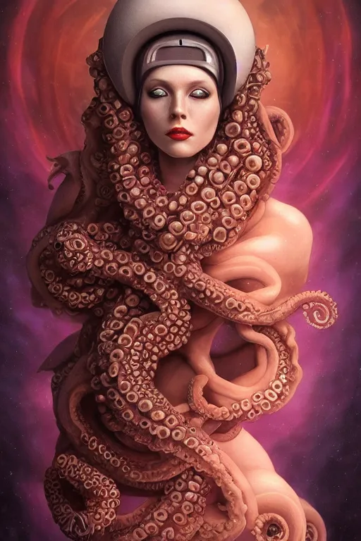 Image similar to portrait of an elegant alien octopus woman queen, straight on portrait, by artgerm, tom bagshaw, gerald brom, vaporwave colors, lo - fi colors, vaporwave, lo - fi, moody vibe, goth vibe, 4 k, hd,