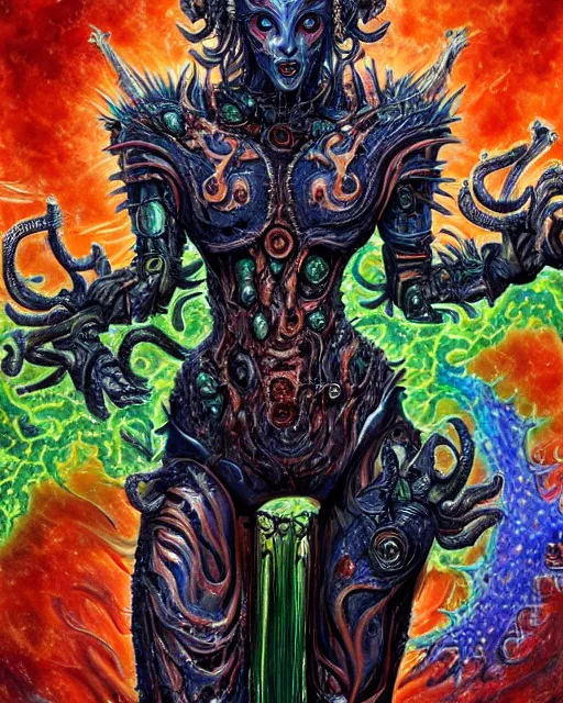 Prompt: silver mechanical charred bloody fleshmetal cyborg daemonhost woman psychedelic flamer of tzeentch with extra arms guns, blue and green rainbow fire, by antonio j. manzanedo, alex grey, android jones, wayne barlowe, philippe druillet, josephine wall, harumi hironaka, cronenburg, trending on artstation