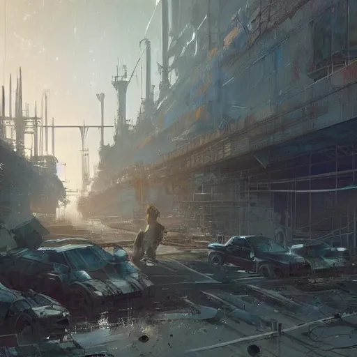 Image similar to abandoned factory landscape. Concept art by Craig Mullins, Ryan Church, Finnian Macmanus, Sung Choi, Sparth, Hugh Ferriss and John Harris. Epic cinematic environment keyframe splash concept art trending on ArtStation