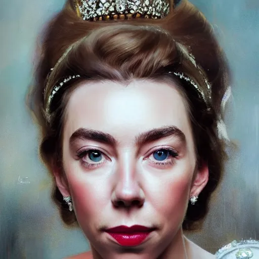 Image similar to vanessa kirby as princess margaret, a beautiful closeup oil painting smooth face, wet lips, perfect eyes, insanely detailed, elegant, by wlop, livia prima, mucha,