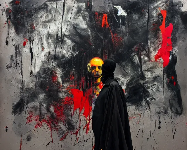 Image similar to dark smoky figure standing in gallery of art, a brutalist designed, rich deep vivid colours, broad brush strokes!, painted by francis bacon, michal mraz, adrian ghenie, nicola samori, james jean!!! and petra cortright, part by gerhard richter, part by takato yamamoto. 8 k masterpiece.