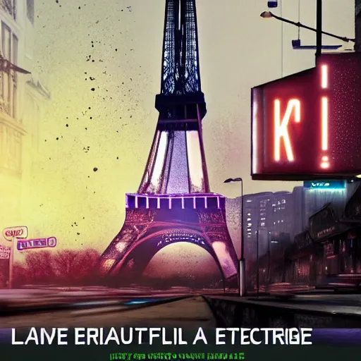 Image similar to A beautiful intricate 8K award-winning ground-level cinematic movie photograph of the future fallen and decaying Eiffel Tower, surrounded by neon and collapsing corporate video billboard displays. in the year 2050, by Bruno Delbonnel and greg rutkowski. octane render, Arri Alexa 65. Cinematic lighting