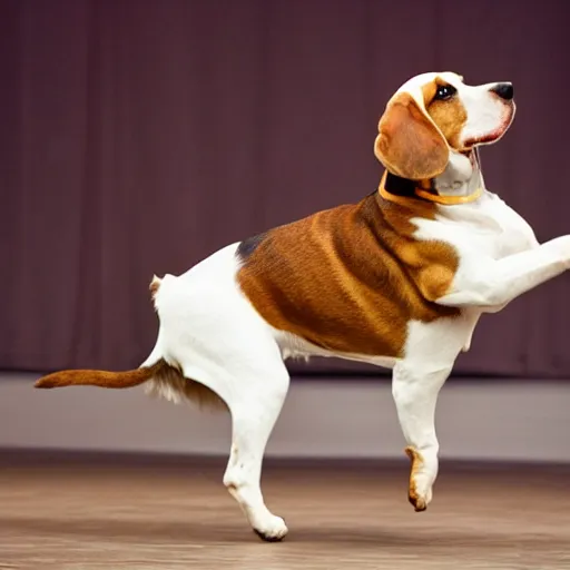 Prompt: a beagle dancing on their hind legs on a stage
