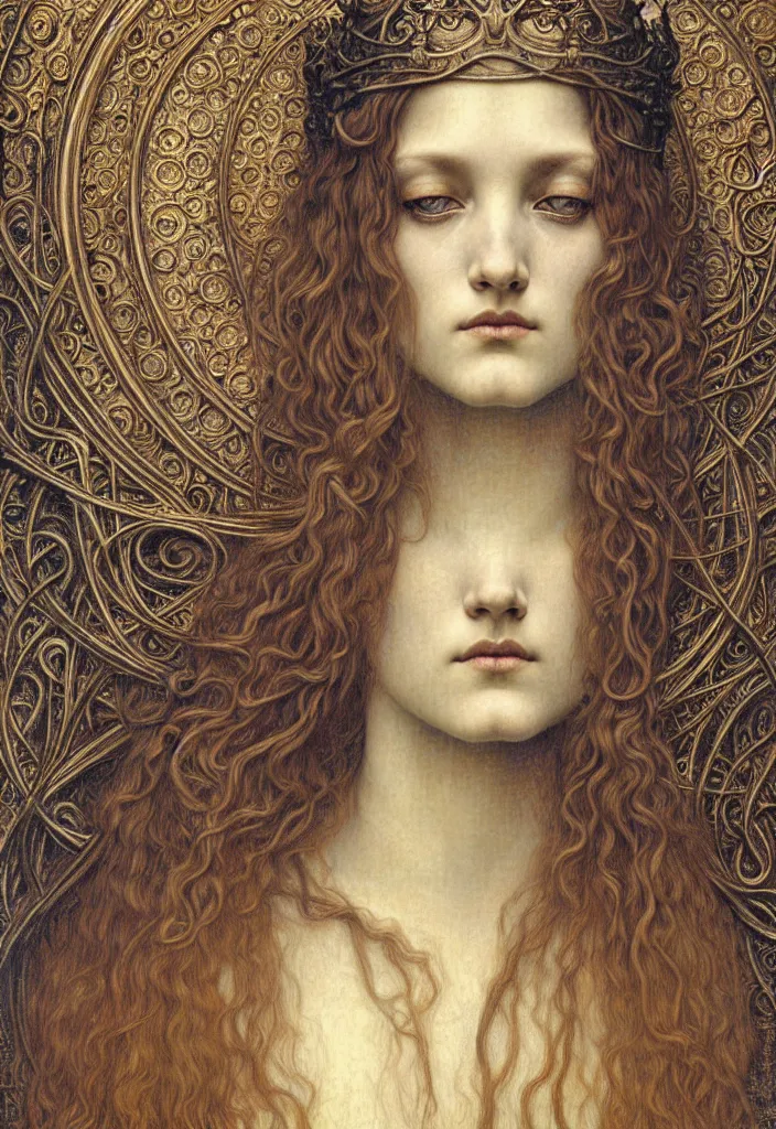 Image similar to detailed realistic beautiful young medieval queen face portrait by jean delville, gustave dore and marco mazzoni, art nouveau, symbolist, visionary, gothic, pre - raphaelite. horizontal symmetry