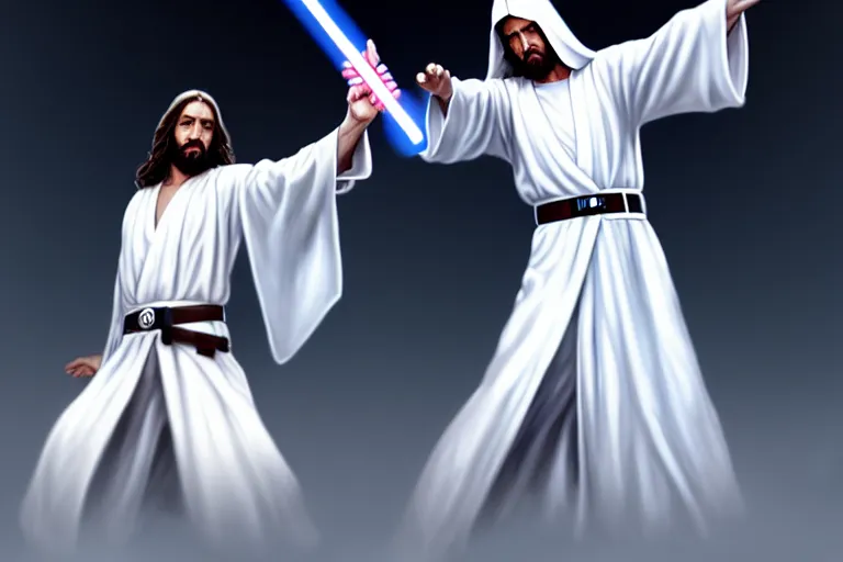 Image similar to jesus christ in a white robe striking an action pose, holding a lightsaber ; art by artgerm ; digital art ; character art ; star wars