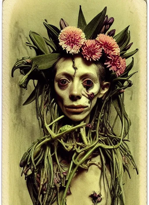 Image similar to beautiful and detailed rotten woman made of plants and many types of stylized flowers like carnation, chrysanthemum and tulips, anatomical, intricate, organs, ornate, surreal, john constable, guy denning, gustave courbet, caravaggio, romero ressendi 1 9 1 0 polaroid photo