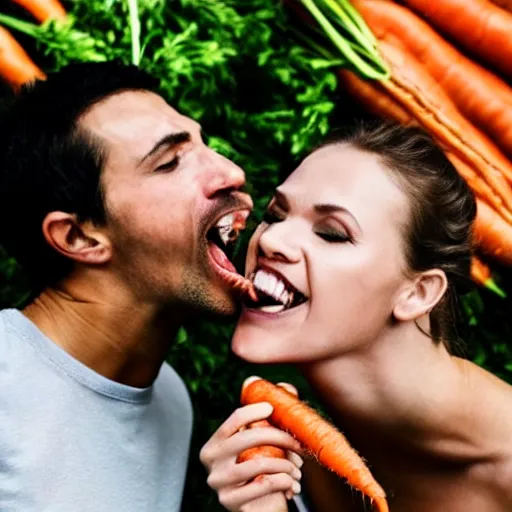 Image similar to woman eating man with carrot hands