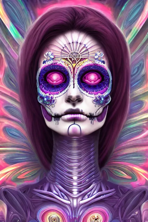 Prompt: ultra detailed female android deity, eyes closed, 8 k, flowerpunk, psychedelic vector art!!!, digital painting, sci - fi, fantasy, ( dia de los muertos ), asymmetrical,!! concept art, art by artgerm and giger and michael welan and alphonse mucha and loish and wlop