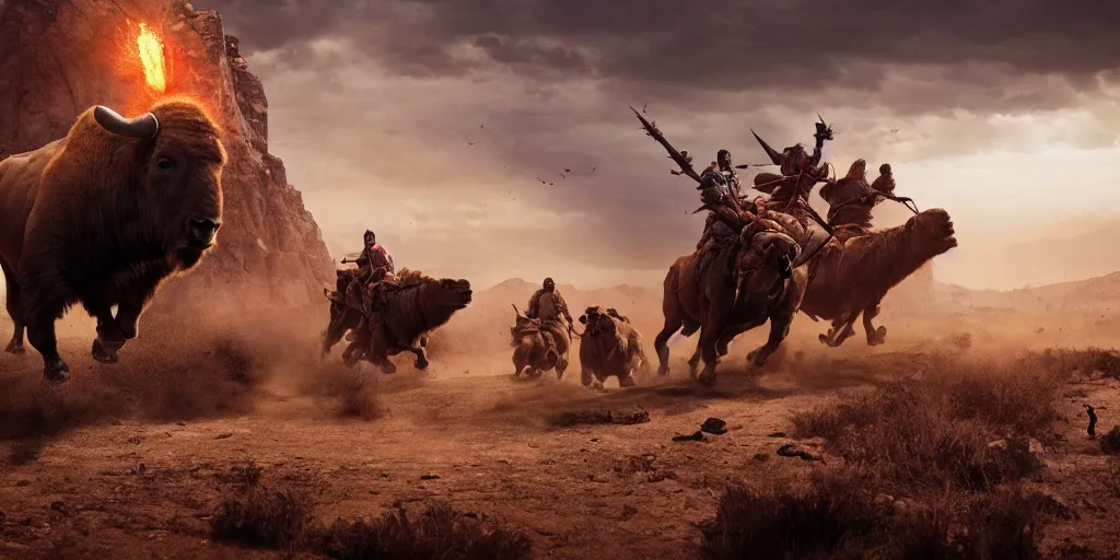 Image similar to indian on ancient atv attacking bisons, action scene, an epic western, dramatic lighting, cinematic, establishing shot, extremely high detail, photorealistic, cinematic lighting, artstation, octane render, old photo, buffalo hunt movie, alpha movie, western