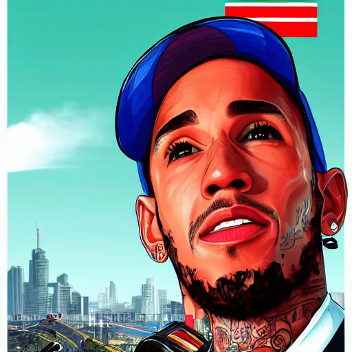 Image similar to lewis hamilton in gta v, cover art by stephen bliss, artstation, no text