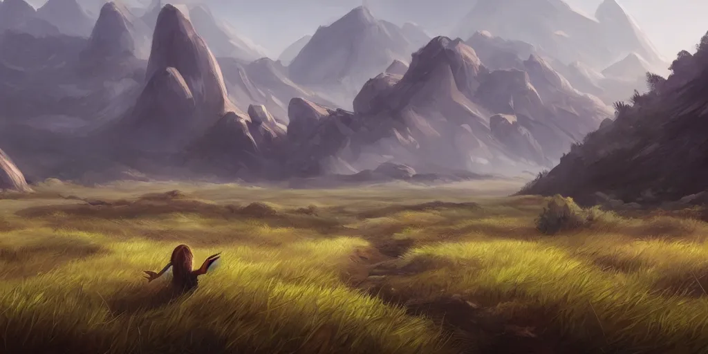 Prompt: calm landscape with hands crawling out of the ground, plains in the center, mountains in the background, highly detailed, digital painting, artstation, concept art, smooth, sharp focus, illustration