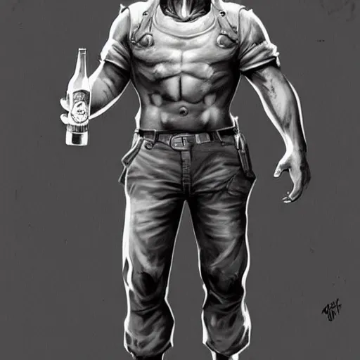 Image similar to a humanoid german shepherd beast - man in military style, holding a bottle of beer, artstation, concept art, smooth, sharp foccus ilustration, artstation