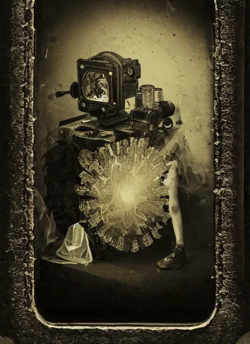 Prompt: old wetplate daguerreotype portrait of the birth of a genius inventor, explosion of data fragments, fractal, intricate, elegant, highly detailed, parallax, leica, medium format, subsurface scattering, by jheronimus bosch and greg rutkowski and louis jacques mande daguerre