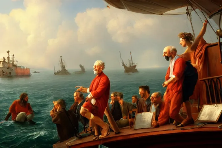 Prompt: ( ( a beautiful 8 k photorealistic masterpiece oil painting ) ( of ( philosopher lecturing to an audience while ship is sinking on the background ) ) ) ( hyperrealism ) ( 1 6 k ) ( trending on artstation )