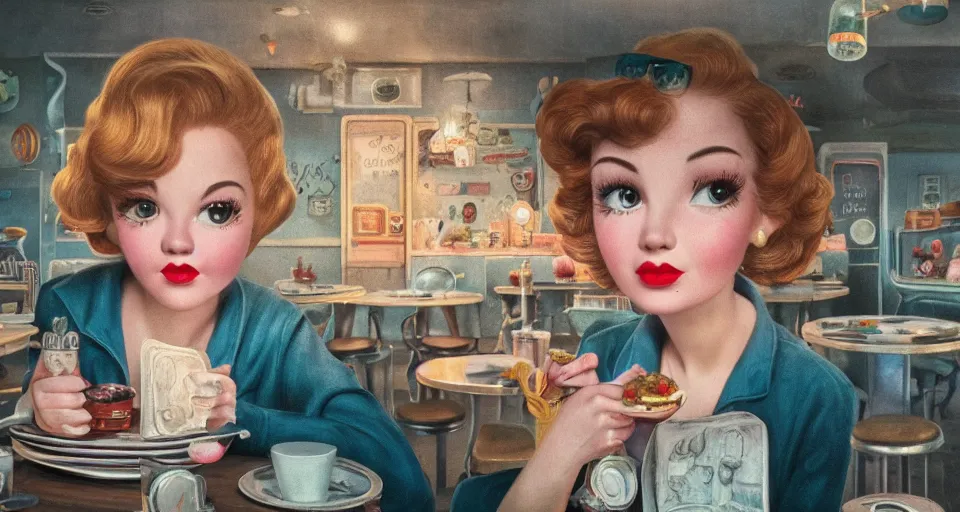 Image similar to closeup profile portrait of a 1 9 5 0 s diner, nicoletta ceccoli, mark ryden, lostfish, max fleischer, depth of field, detailed and intricate environment, golden hour, 8 k resolution, hyperrealistic, octane render