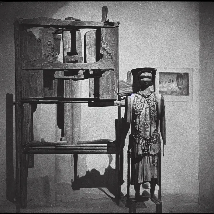 Image similar to an object on display in an ethnographic museum, film still, cinematic, enhanced, 1 9 2 0 s, black and white, grain