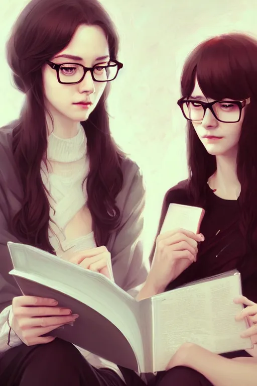 Prompt: portrait of two wise and very beautiful women with glasses reviewing some texts, art by guweiz, intricate, elegant, highly detailed, smooth, sharp focus, artstation